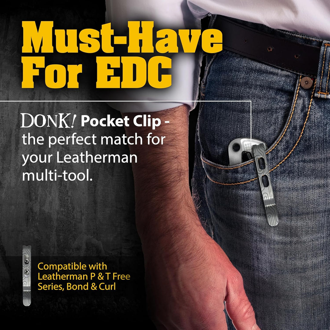 Donk! Titanium Pocket Clip. Made for Leatherman Free (P2, P4, T2 & T4) Curl & Bond. TC4 Titanium. Matte Finish. 2 Screws. 5 Custom Designs. Extra Carry Options - 'Norwegian Wood’