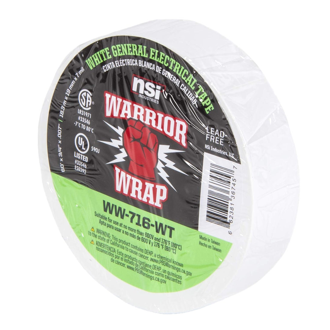 NSI WW-716-WT Warriorwrap General 7 Mil Vinyl Electrical Tape, 3/4" Width, 60' Length, White