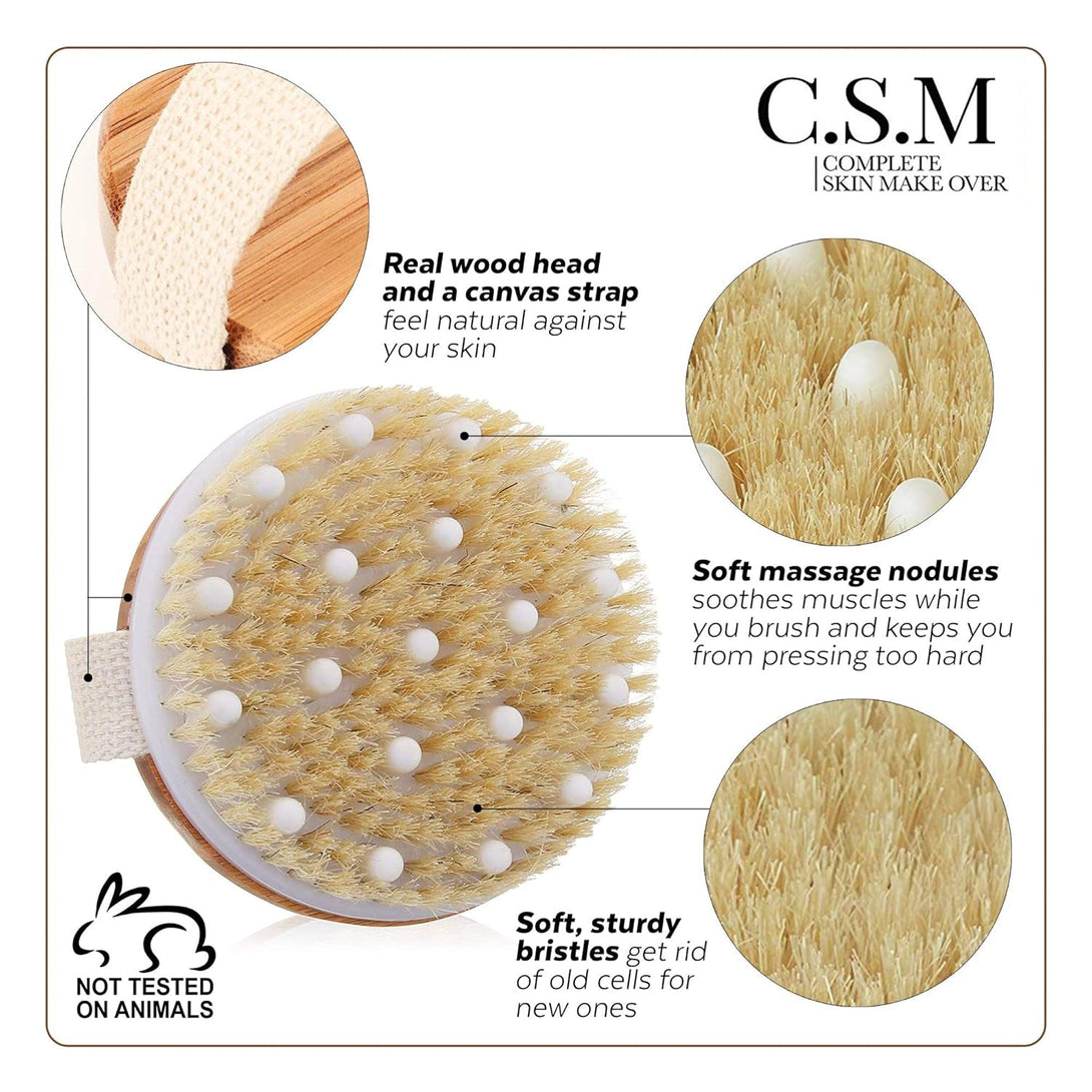 CSM Dry Body Brush - Natural Bristle Exfoliating Brush for Skin Renewal, Lymphatic Support and Circulation Boost - Sustainable Choice Dry Brushing Tool for Gentle Detox, Spa-Like Exfoliation