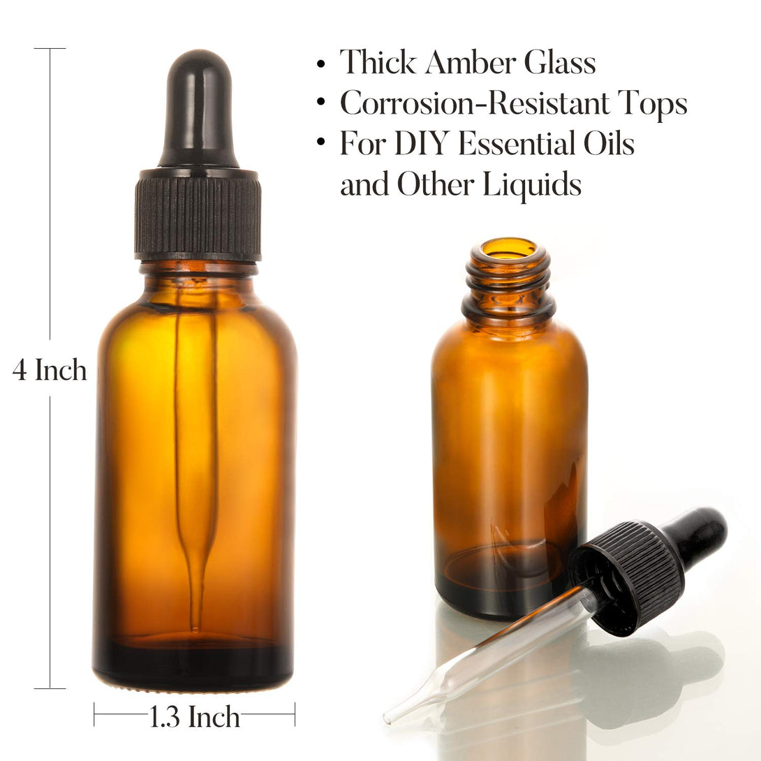 12 Pcs, 1 Oz Amber Dropper Bottles for Essential Oils W/ 3 Stainless Steel Funnels & 1 Long Glass Dropper - 30Ml Glass Bottles with Eye Droppers - Liquids Tincture Bottles, Leak Proof Travel Bottles