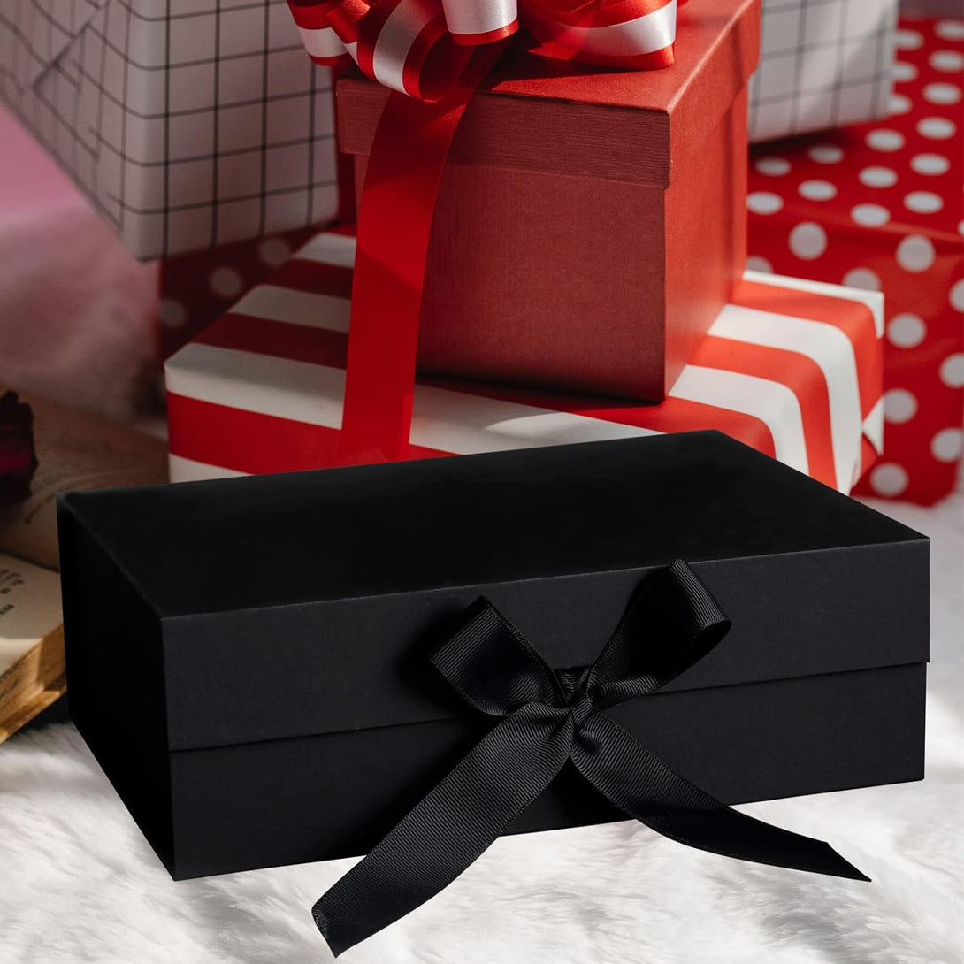 Gift Box,10.2X7.4X3.1 Inches Gift Boxes with Lids,Black Gift Box with Ribbon and Magnetic Closure for Wrapping Gifts (Black)