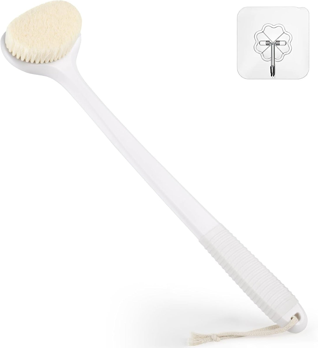 VANZAVANZU Back Scrubber for Shower, Bath Brush with 17-Inch Long Anti-Slip Handle, Wet and Dry Brushing Body Brush for Body Cleansing, Back Brush for Men and Women (White)