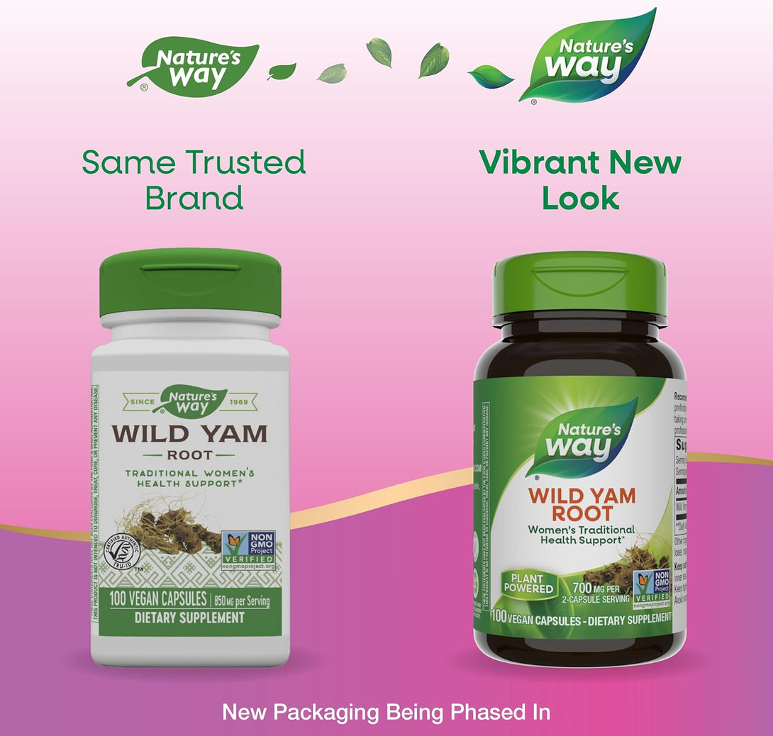 Nature'S Way Wild Yam Root, Women'S Traditional Health Support*, 700 Mg per 2-Capsule Serving, Non-Gmo Project Verified, 100 Vegan Capsules (Packaging May Vary)