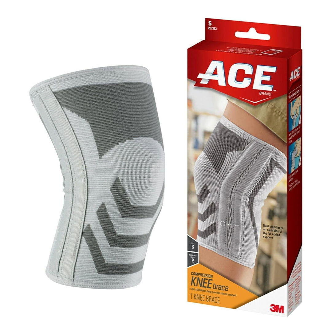 ACE Compression Knee Brace W/Side Stabilizers, Support Injured Knee with Mild Compression. Breathable Properties Let Sweat Escape, Small, White/Gray