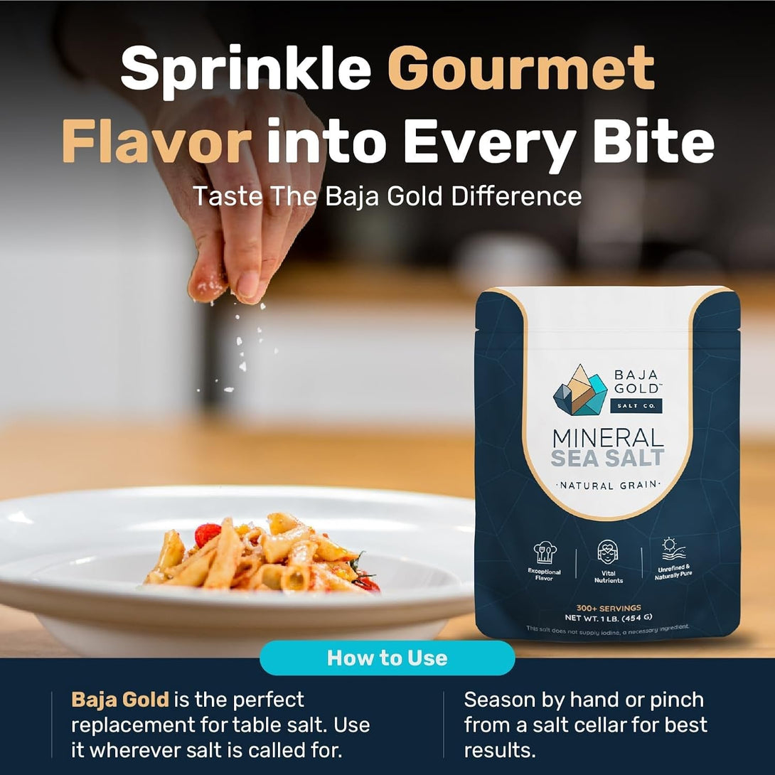 Baja Gold Mineral Sea Salt - Organic Natural Grain Salt for Cooking & Baking | Authentic Baja Salt | Ideal for All Culinary Creations | 1 Lb. Resealable Bag, 300+ Servings