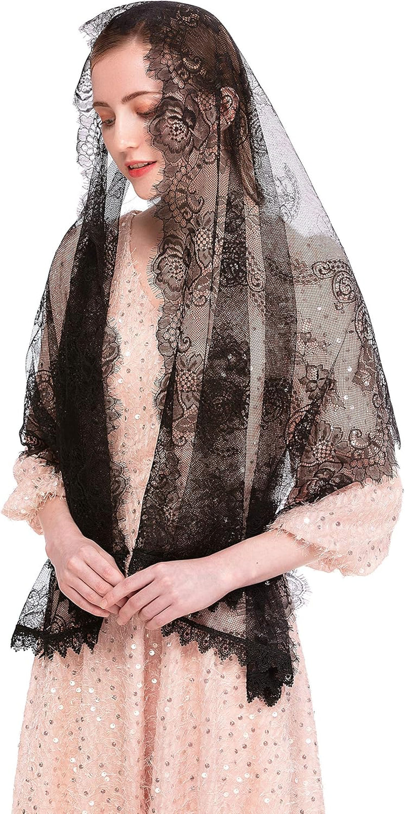 PAMOR Chapel Veil Spanish Lace Floral Mantilla Veils Wrap Shawl Mass Head Covering Rectangular Shape