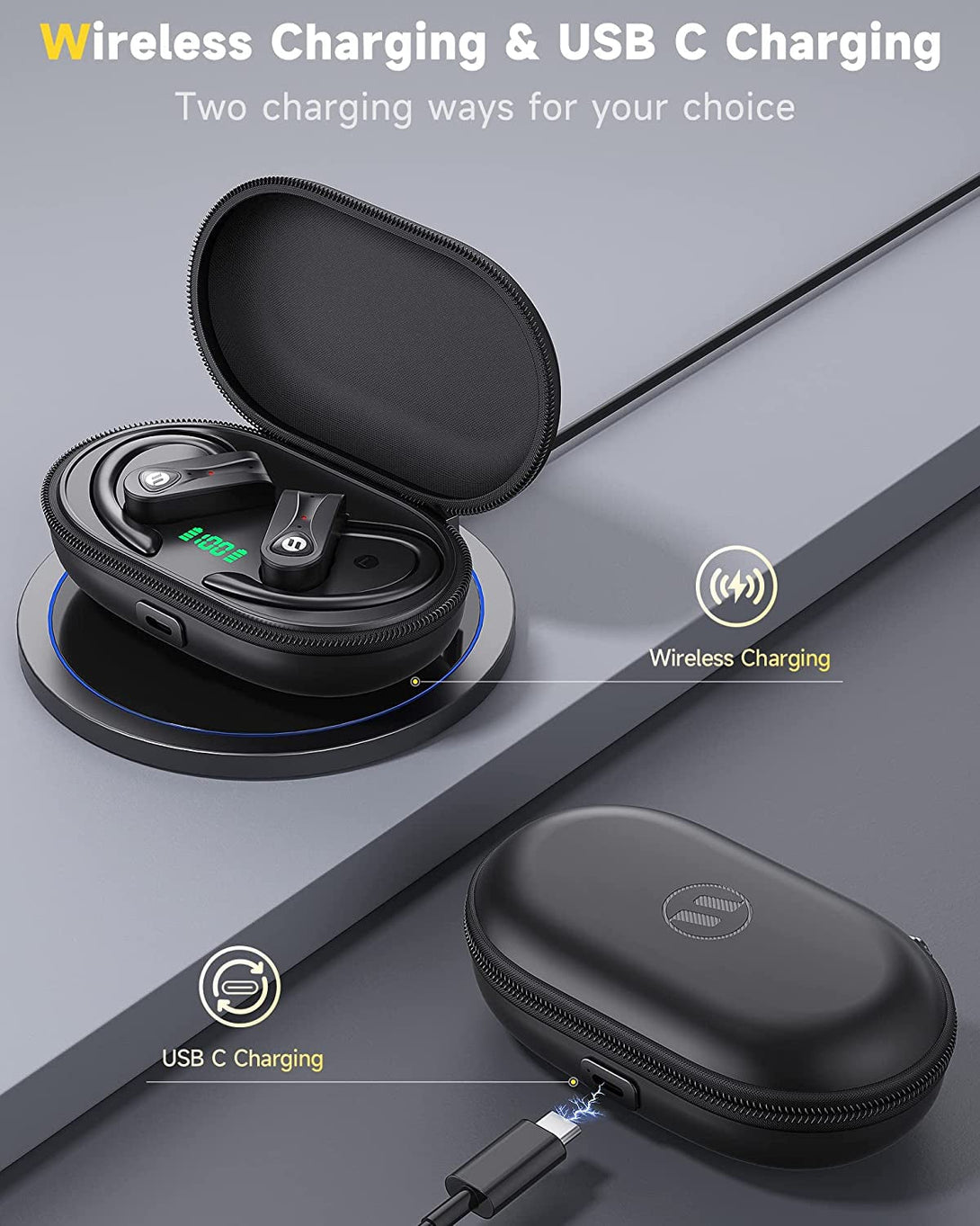 Wireless Earbuds 4 Mic Clear Call Bluetooth Headphones Wireless Charging Case Stereo Bass Sound 60H Playtime over Ear Earphones LED Digital Display Headset with Earhooks for Sports Running Workout Gym