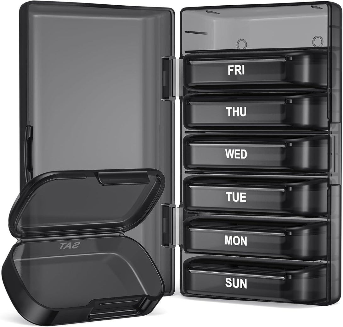 PULIV Pill Organizer with Large Capacity, Dual Protection Pill Box 7 Day, Arthritis Friendly Pill Case Easy to Open, Weekly Medicine Organizer for Vitamins, Medications, Fish Oils, Supplements (Black)