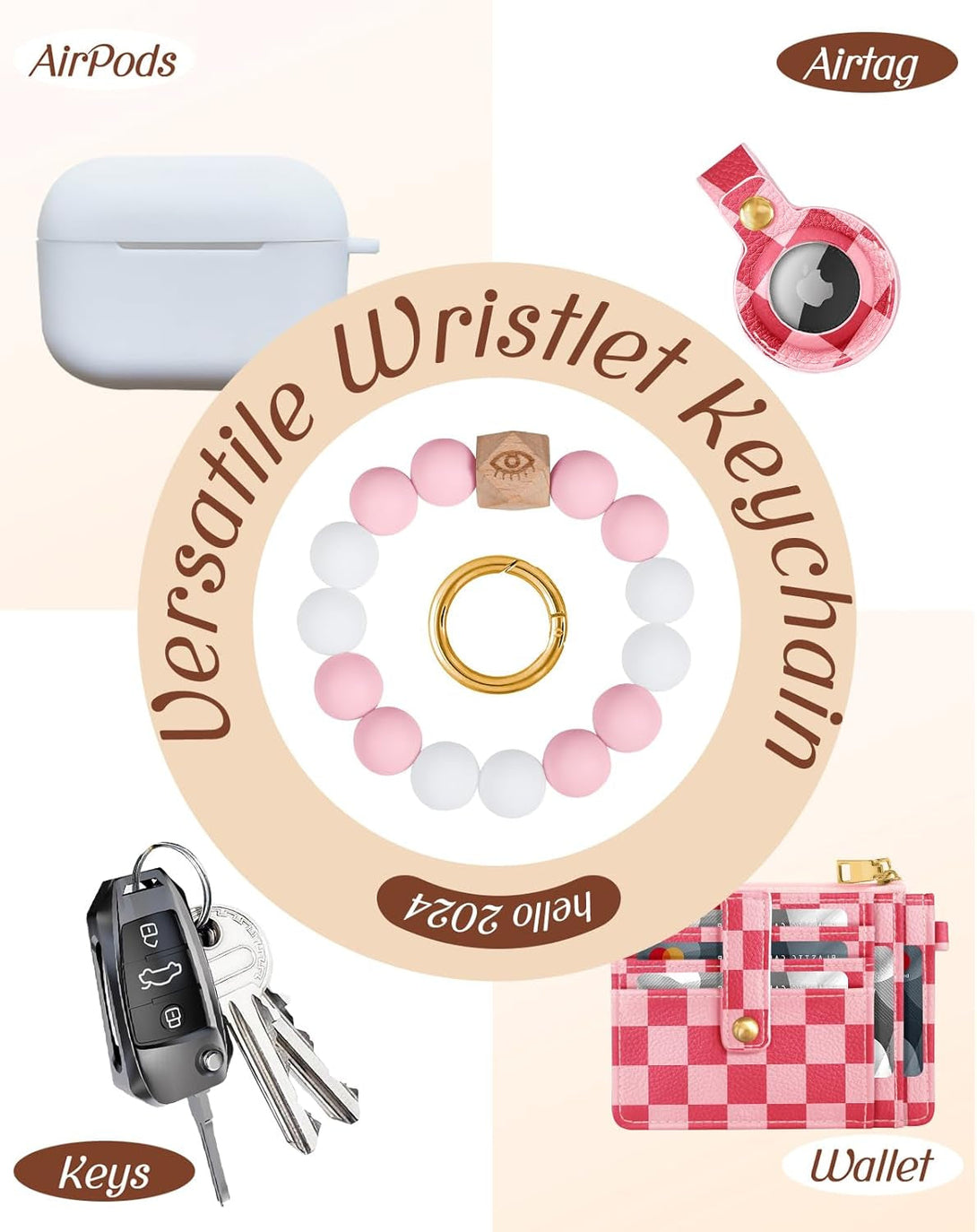Wallet Keychain Wristlet for Women with Airtag Holder - Cute Design Credit Card Holder Wallets Key Chain Ring Slim Small RFID Air Tag Coin Pocket Purse for Ladies Teen Girls,Pk Grid