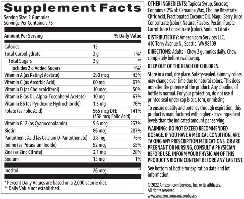 Amazon Basics Adult Multivitamin Gummies, Mixed Berry & Cherry, 150 Gummies, 75-Day Supply, Pack of 1 (Previously Solimo)