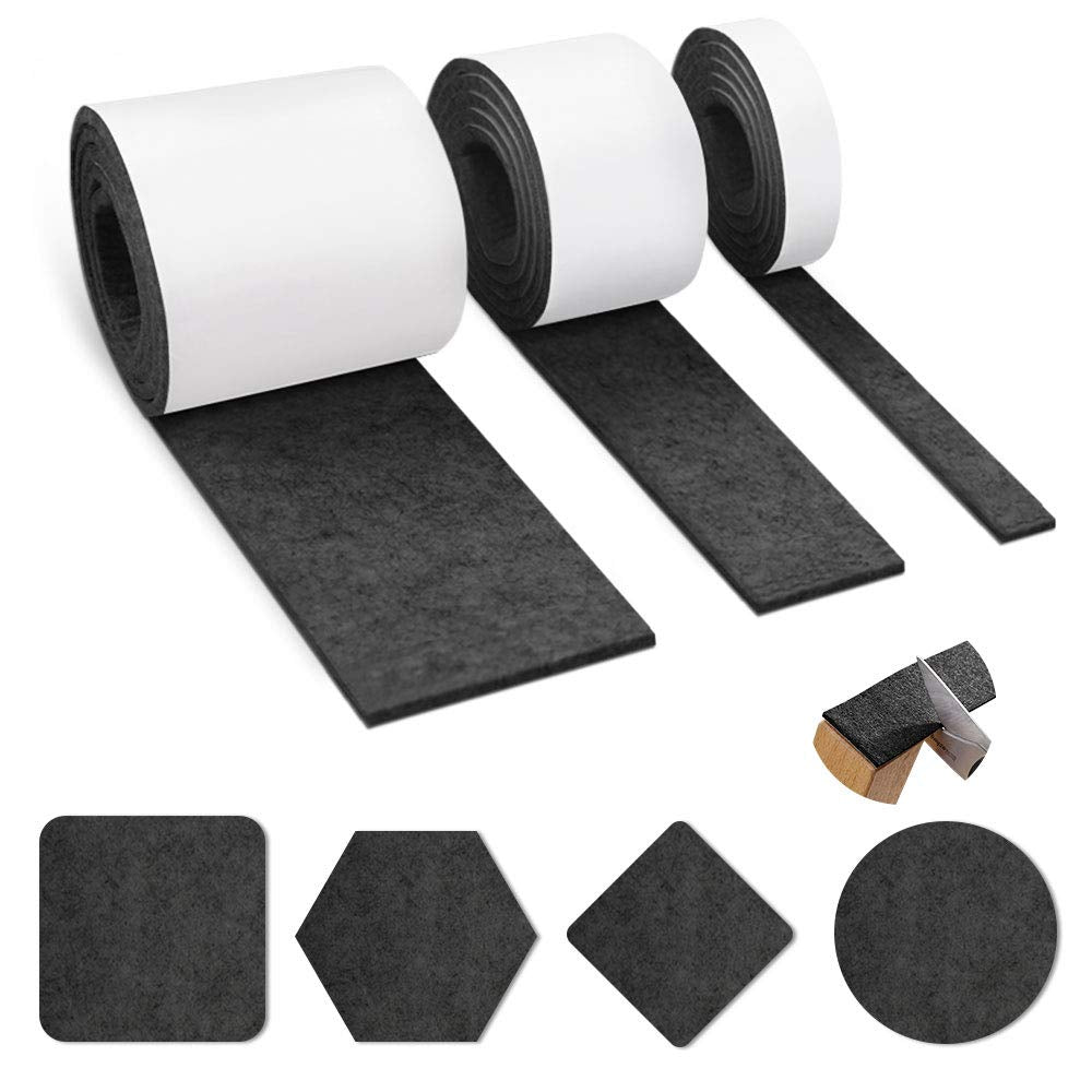 3 Rolls Felt Tape with Adhesive Backing, Adhesive Felt Pads for Furniture, Rocking Chair Floor Protectors, Heavy Duty Felt Pads Cut Any Shape, Felt Strips for Chairs, Floor Protection