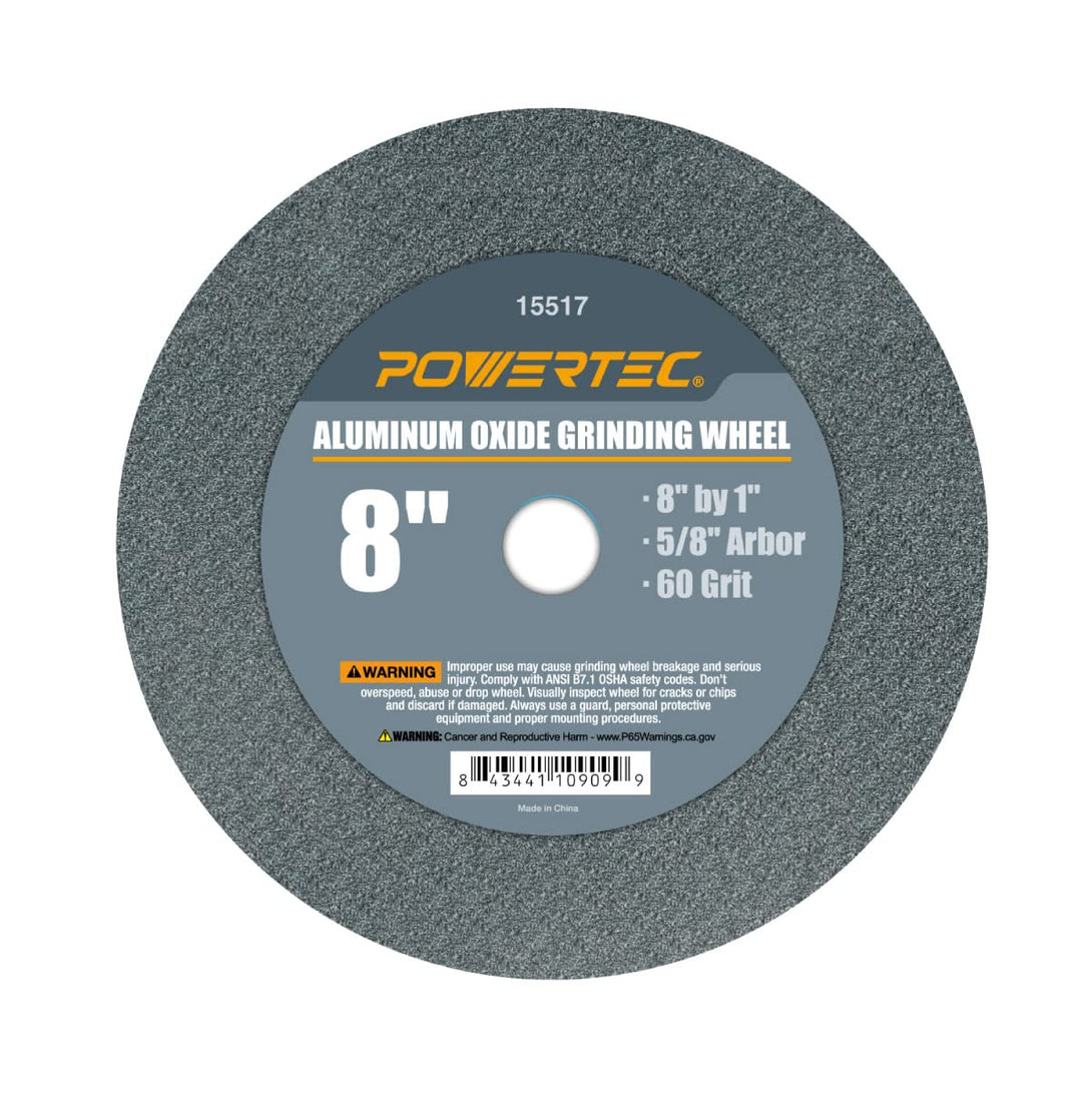 POWERTEC Bench Grinder Wheel 8 Inch 60 Grit, Aluminum Oxide Grinding Wheel for Bench Pedestal Grinder, 1" Thick 5/8" Arbor, Sharpening & Shaping Drill Bits, Blade, and Chisel 1PK (15517)