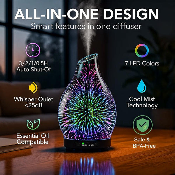 120ML Essential Oil Diffuser, 3D Glass Aromatherapy Diffuser with Auto Shut-Off and 7 Color LED Lights, Ultrasonic Mist Humidifier with 4 Timer