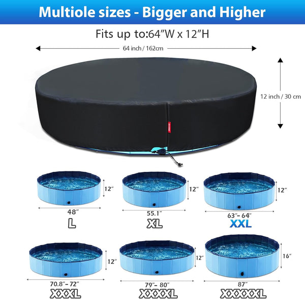 QH.HOME[2025 Upgraded Windproof] 63-64 Inch Kiddie Pool Cover Round, Collapsible Dog Pool Cover with Super Windproof Ratchet Design, Odorless