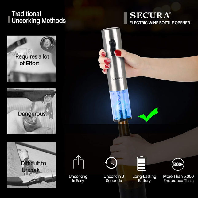 Secura Electric Wine Opener, Automatic Electric Wine Bottle Corkscrew Opener with Foil Cutter, Rechargeable (Stainless S