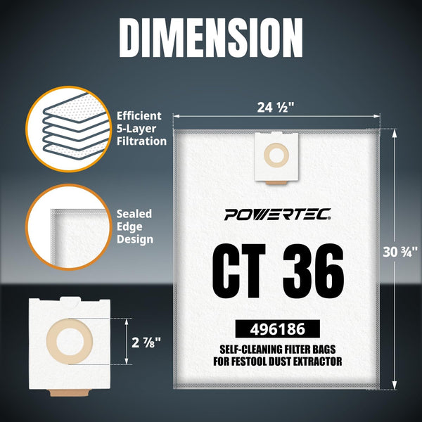 POWERTEC 75038 Filter Bag for Festool 496186 Fits CT 36, 5PK