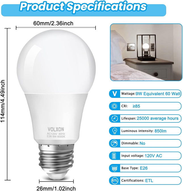A19 LED Light Bulb, 9 Watt Equivalent 60 Watt Led Light Bulb, Bright Light Bulb 850LM, Non-Dimmable, Daylight White 5000