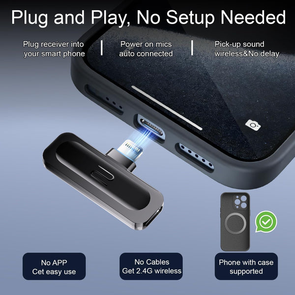 2-Pack Wireless Mini Lavalier Lapel Microphone for iPhone,iPad(Lightning) - 65ft Cordless Clip on Dual Mics with Noise Reduction 6H Working Time