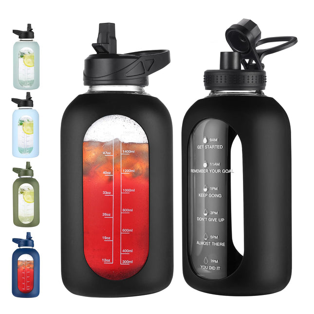64 Oz Glass Water Bottle with Straw and Handle, Half Gallon Sports Motivational Water Jug Flask with Silicone Sleeve, La