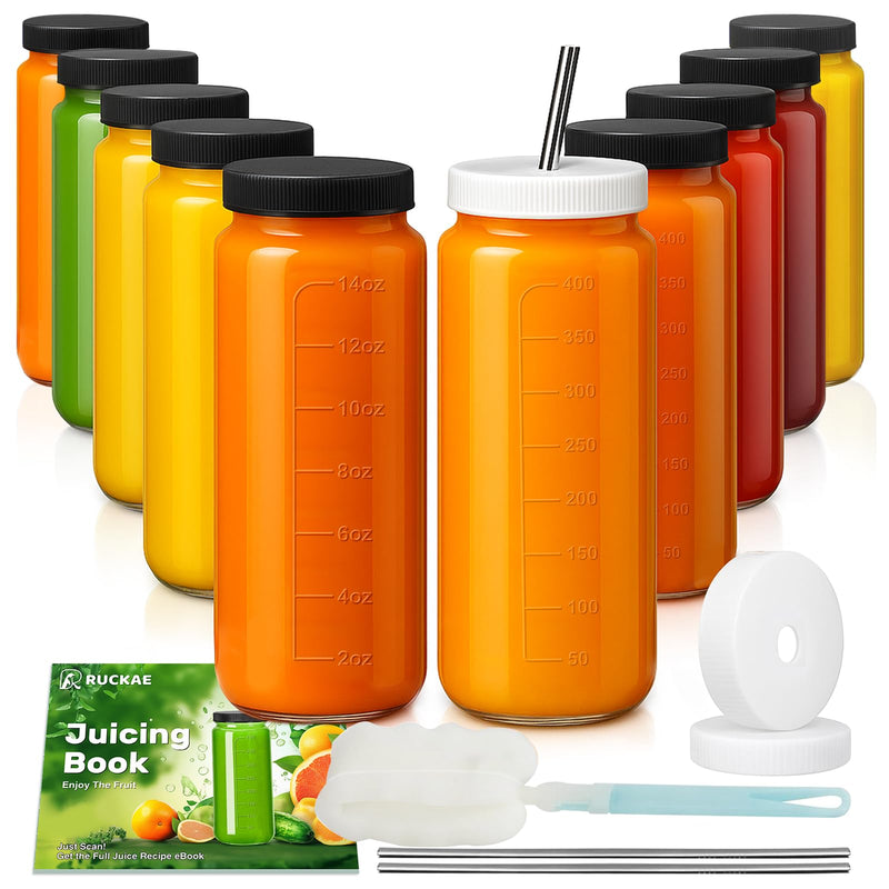 Ruckae 16oz 10 Pack Juice Bottles, Glass Bottles with Lids, Smoothie Cup Lids and Straws, Water Bottle Mason Jar Drinking Glasses for Juicing,