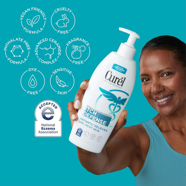 Curel Itch Defense Calming Body Lotion, Moisturizer for Dry, Itchy Skin, Body and Hand Lotion, with Advanced Ceramide Complex, Pro-Vitamin B5,