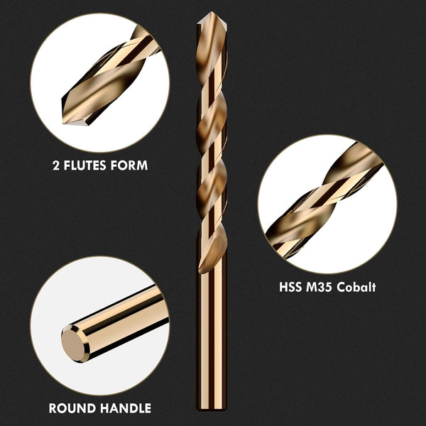 Cobalt Drill Bit Set, 13Pcs M35 High Speed Steel Jobber Length Drill Bit Kit for Hardened Metal, Stainless Steel, Cast Iron, Wood and Plastic,