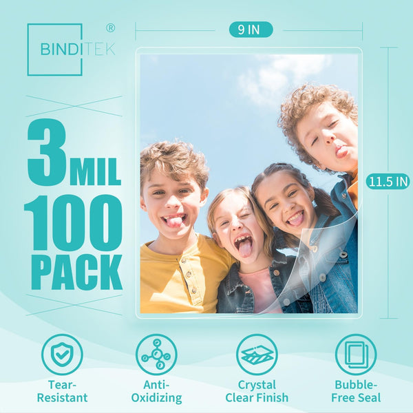 Binditek 100 Pack 3 Mil Thermal Laminating Pouches, 9x11.5 Inches Laminating Sheets, for Letter Size, Ultra Clear, Glossy, Hold 8.5x11 Inches,