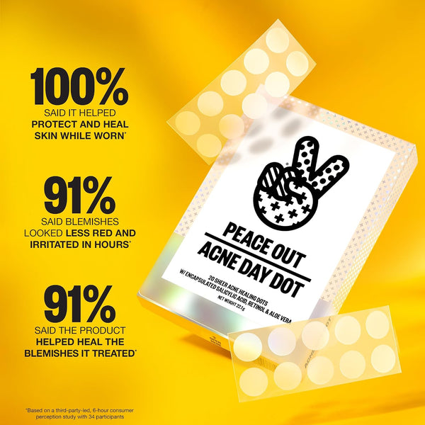 PEACE OUT Acne Day Dot Sheer Hydrocolloid Pimple Patches, Invisible Acne Spot Patches with Encapsulated Salicylic Acid, Retinol, and Aloe Vera, 20
