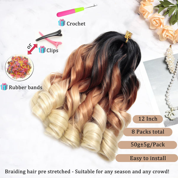 French Curl Braiding Hair, 1B/30/613, 12 Inch, 8 Packs | French Curl Crochet Braids, Curly Braiding Hair, Skin-friendly Bouncy Synthetic knotless