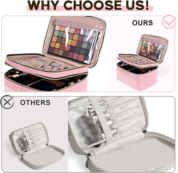BAFAMYE Double Layer Travel Makeup Bag for Women, Large Cosmetic Case Organizer with Makeup Brush Compartment, Portable Train Case Make Up Bag for