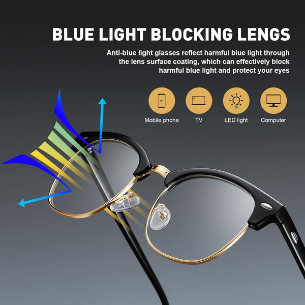 Blue Light Blocking Glasses Anti Eyestrain Computer Gaming Glasses | Vintage Half Frame UV Clear Lens for Women Men A02-black Gold Frame 1 Pack