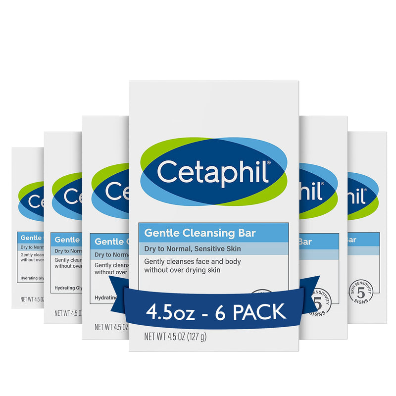 Cetaphil Gentle Cleansing Bar Soap, Sensitive & Dry Skin, 4.5oz, 6ct | Fragrance-Free, Dermatologist Recommended, Non-Comedogenic, Nourishes Dry