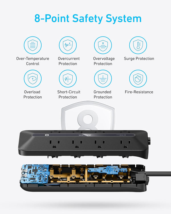 Anker Power Strip, 900J Surge Protector, 35W Max | Flat Plug Extension Cord with Multiple Outlets, 8 AC, 2 USB A, 2 USB C, 5ft Outlet Extender,