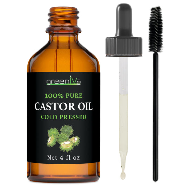 Greenive Castor Oil Organically Grown 100% Pure 4 Fl Oz Bottle Cold Pressed, Hexane Free, Eyelash and Eyebrow Growth Serum, Skin Moisturizer Detox
