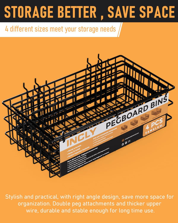 INCLY 4 Pack Pegboard Baskets Bins Set, 4 Size Square Style Black Metal Wire Basket for Any Peg Board Organizing Tools, Pegboard Accessories for