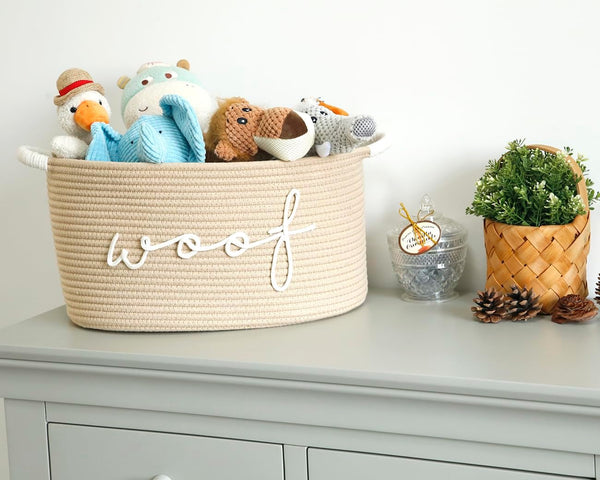 Woof Woven Rope Storage Baskets, Pet Dog Toy Bin Box Perfect for organizing Chew Toys Blankets leashes, Dog Toy holder Cotton Basket Puppy Bins beige