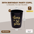 Sparkle and Bash 30th Birthday Cups & Plastic Tumblers - 16 Pack, 16 Oz, Black, Cheers To 30 Years - Party Favors & Wedding Anniversary Celebrations