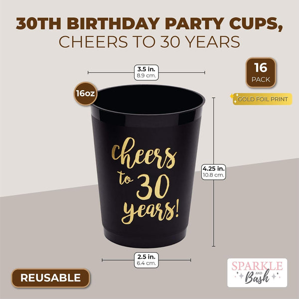 Sparkle and Bash 30th Birthday Cups & Plastic Tumblers - 16 Pack, 16 Oz, Black, Cheers To 30 Years - Party Favors & Wedding Anniversary Celebrations
