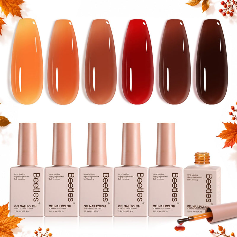 Beetles Jelly Tortoise Fall Nail Gel Polish Set 6 Transparent Fall Colors | Brown Amber Orange Carame Dark Red Pumpkin Gel Nail Polish Soak Off UV