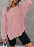 Dokotoo Sweatshirt for Women Oversized Waffle Knit Crewneck Sweatshirts Long Sleeve Side Slits Casual Pullover Tops Small Pink