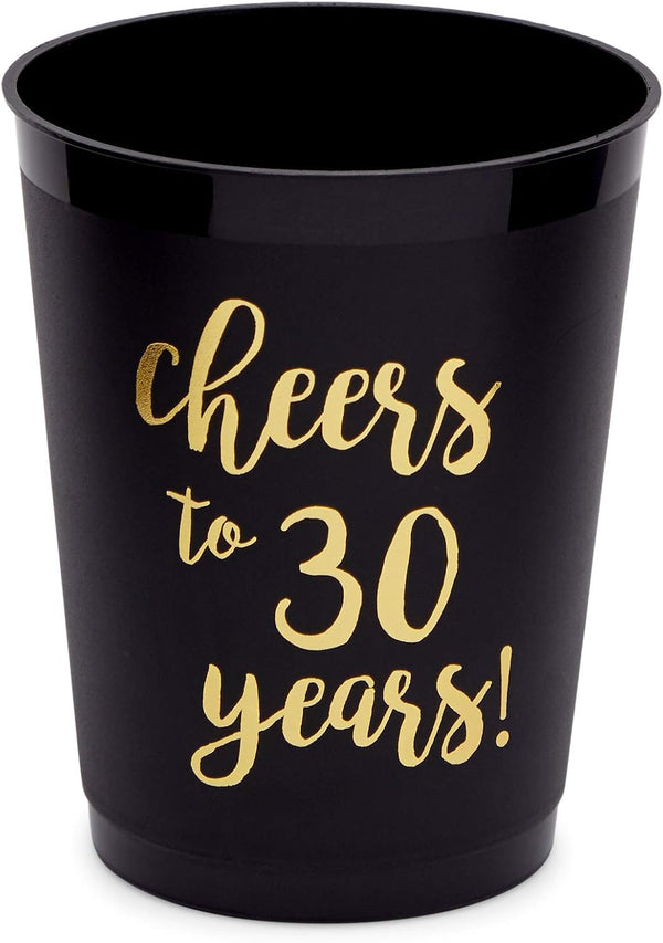 Sparkle and Bash 30th Birthday Cups & Plastic Tumblers - 16 Pack, 16 Oz, Black, Cheers To 30 Years - Party Favors & Wedding Anniversary Celebrations