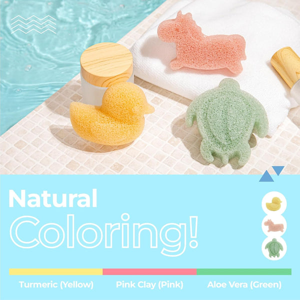 myHomeBody Konjac Sponge, Bath loofah, 3pc, Unicorn, Duck, Sea Turtle