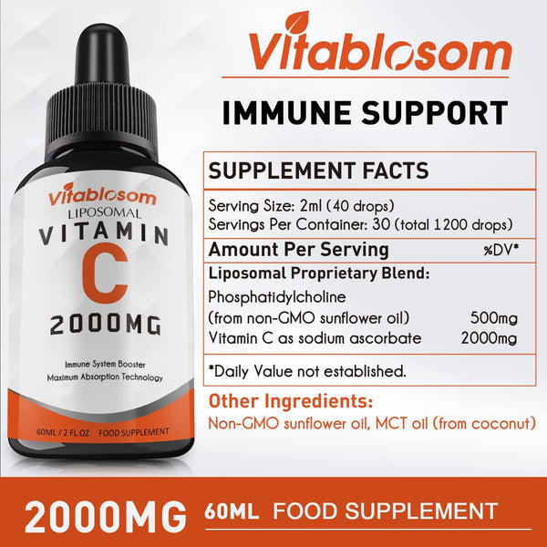 Liposomal Vitamin C 2000Mg Liquid for Adults, High Absorption VIT C, Maximize Vitamin C, for Immune System & Antioxidant, 60ML (2 Bottles)