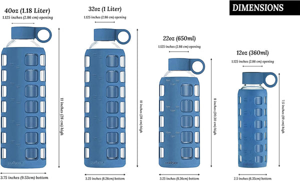 Purifyou Premium 40/32 / 22/12 Oz Glass Water Bottles with Times to Drink and Volume, Silicone Sleeve & Stainless Steel Lid Insert, Reusable for