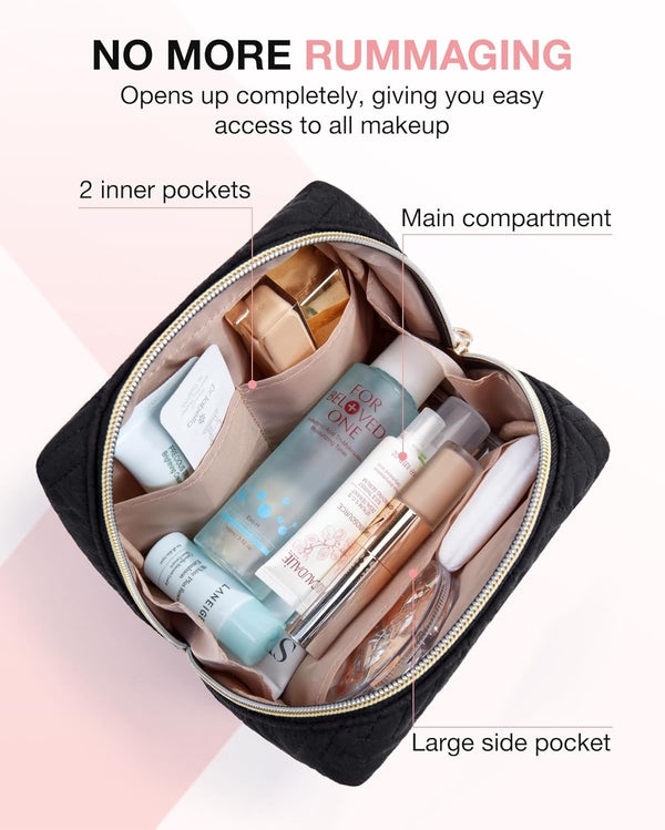 BAGSMART Small Makeup Bag, Compact Cosmetic Pouch for Women for Purse, Travel Toiletry Organizer with Wide Open Design, Black 01-Black