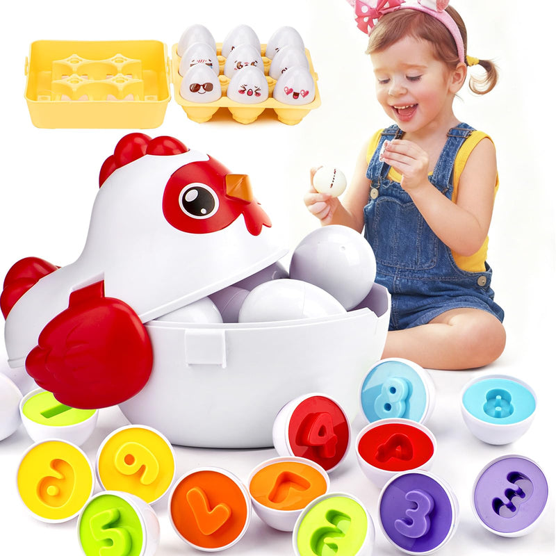 Easter Egg Matching Game, 24-Piece Easter Basket Stuffers for Kids, Color Shape Number Recognition Educational Toddler Toys, Chicken Storage Box