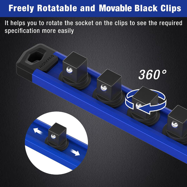 WORKPRO Magnetic Socket Organizer, Heavy Duty 3/8-Inch Drive Socket Rail | Aluminum Alloy, 10 Pieces Clips, Rotatable & Movable Clips, Efficient