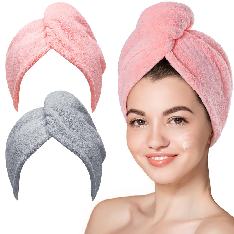 Hicober Microfiber Hair Towel Wrap for Women,Quick Dry, Pink Grey, 2-Pack Pink,grey Large