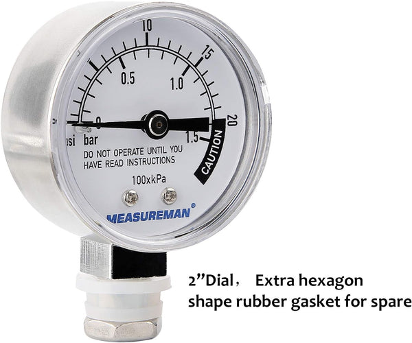 MEASUREMAN Stainless Steel Pressure Cooker Gauge, Pressure Canner Gauge, Steam Pressure Gauge, 2" Dial, Lower Mount, Including Hexagon Gasket and