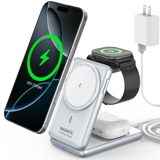 3-In-1 Magnetic Wireless Charger: 2025 Travel Fast Charging Station for Iphone 16 15 14 - Apple Watch Ultra SE 9 8 - Air